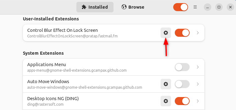 All installed extensions with Lock screen blur effect extension on top