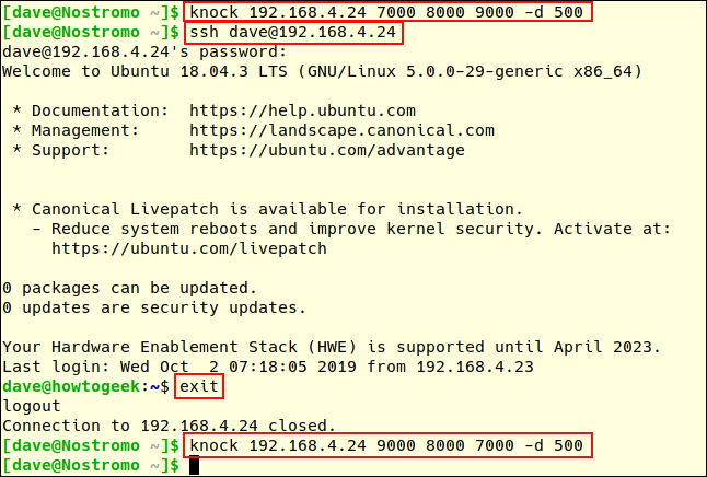 Port knocking and ssh connection session in a terminal window