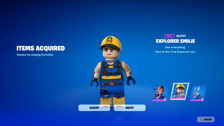 The explorer emilie skin in Lego Fortnite.