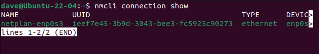 The details of a single network connection displayed by nmcli