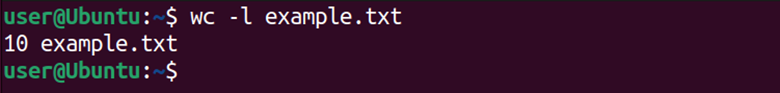 Linux terminal displaying total line count output with the help of wc command with -l flag
