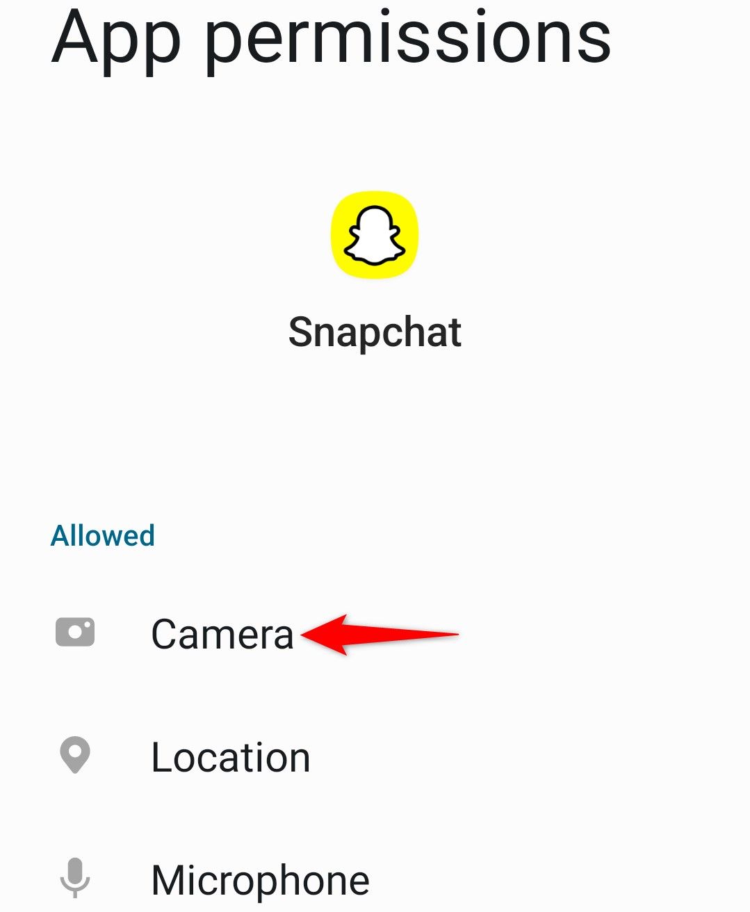 'Camera' highlighted on Snapchat's permissions page in Android Settings.