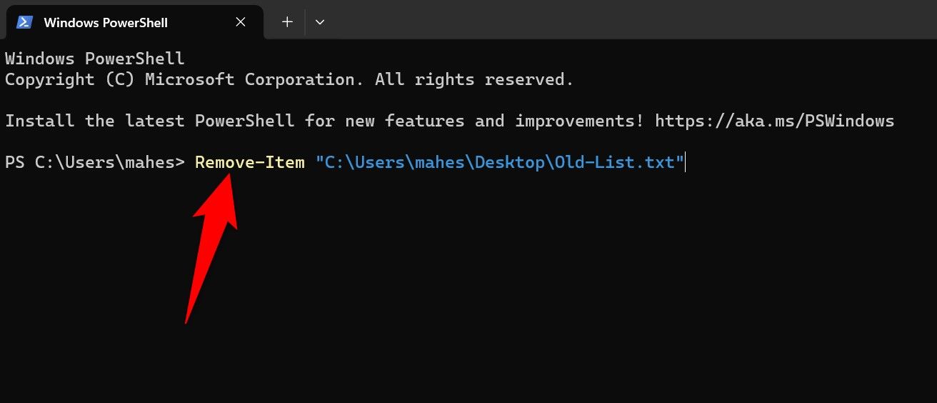 The 'Remove-Item' cmdlet to delete a file in a PowerShell window.