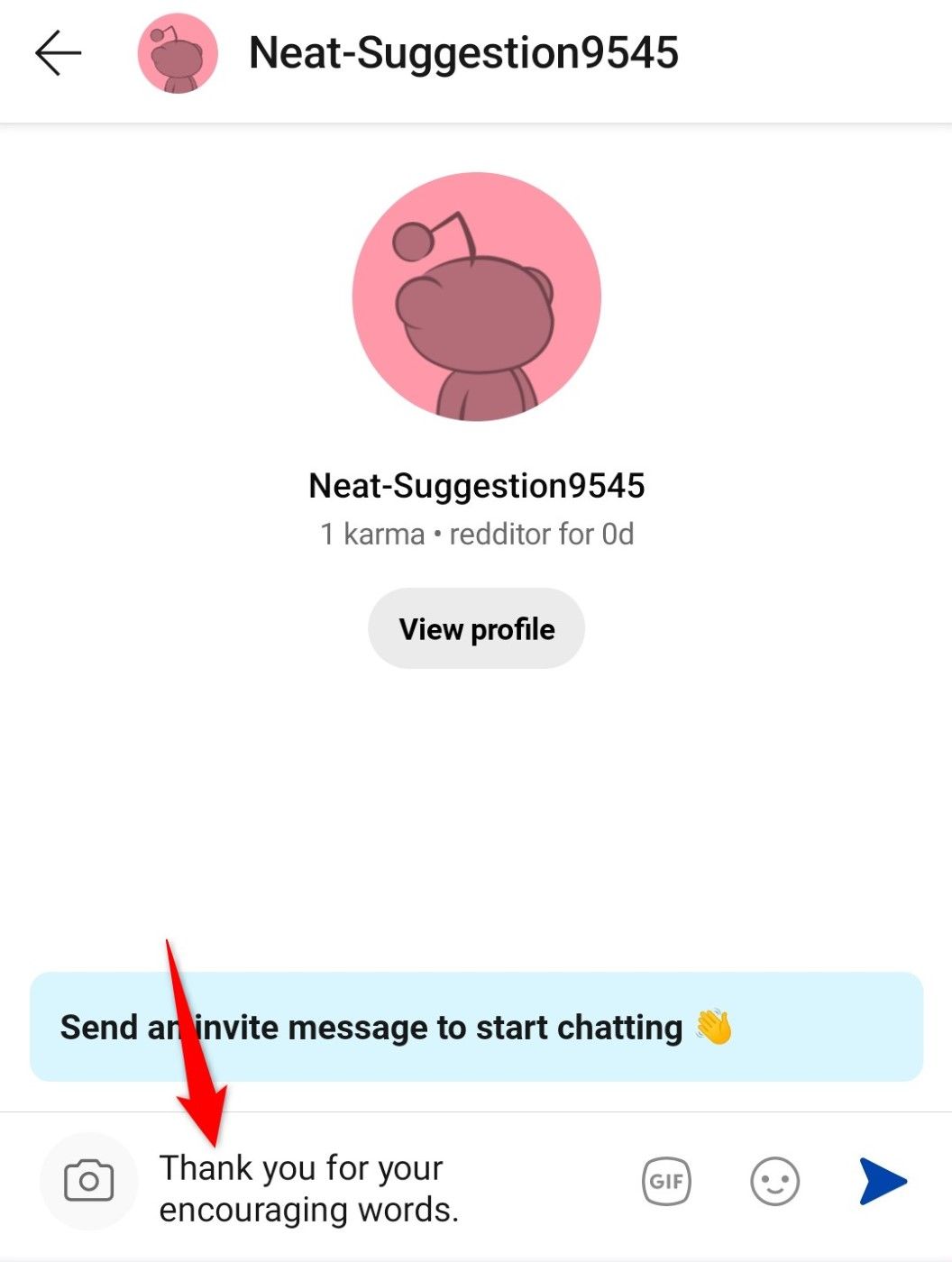 Message box highlighted for a new chat in Reddit for mobile.