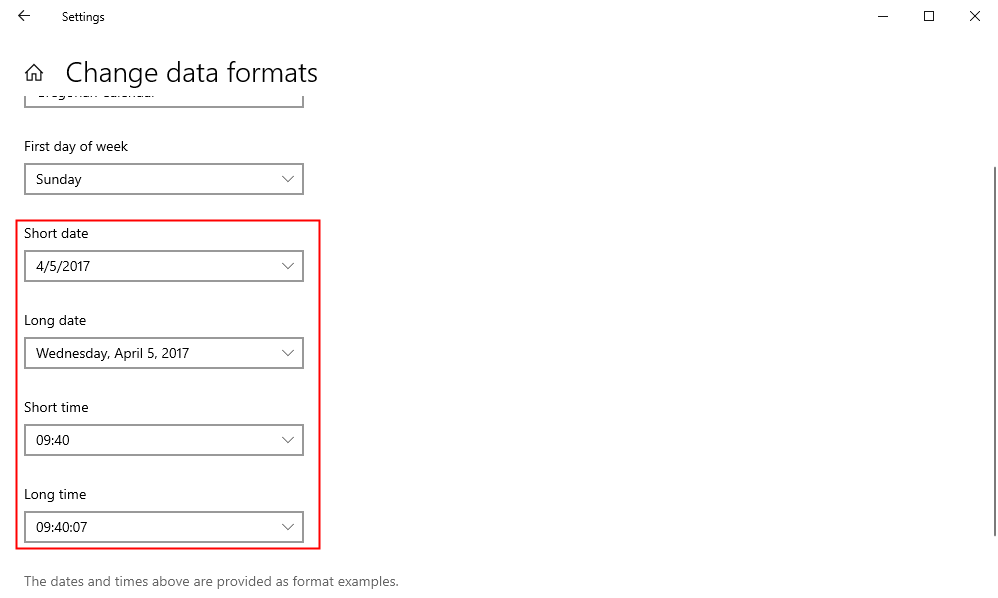 The location where you can change long and short date formats. 