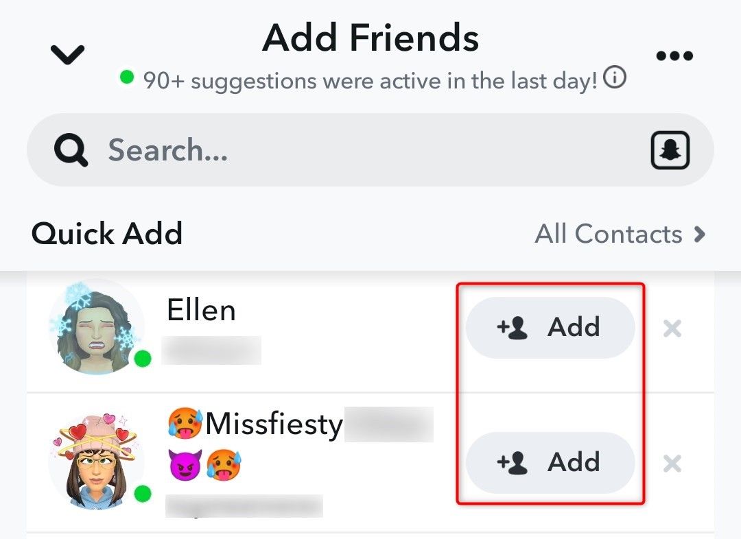 'Add' highlighted on the Quick Add screen in Snapchat.