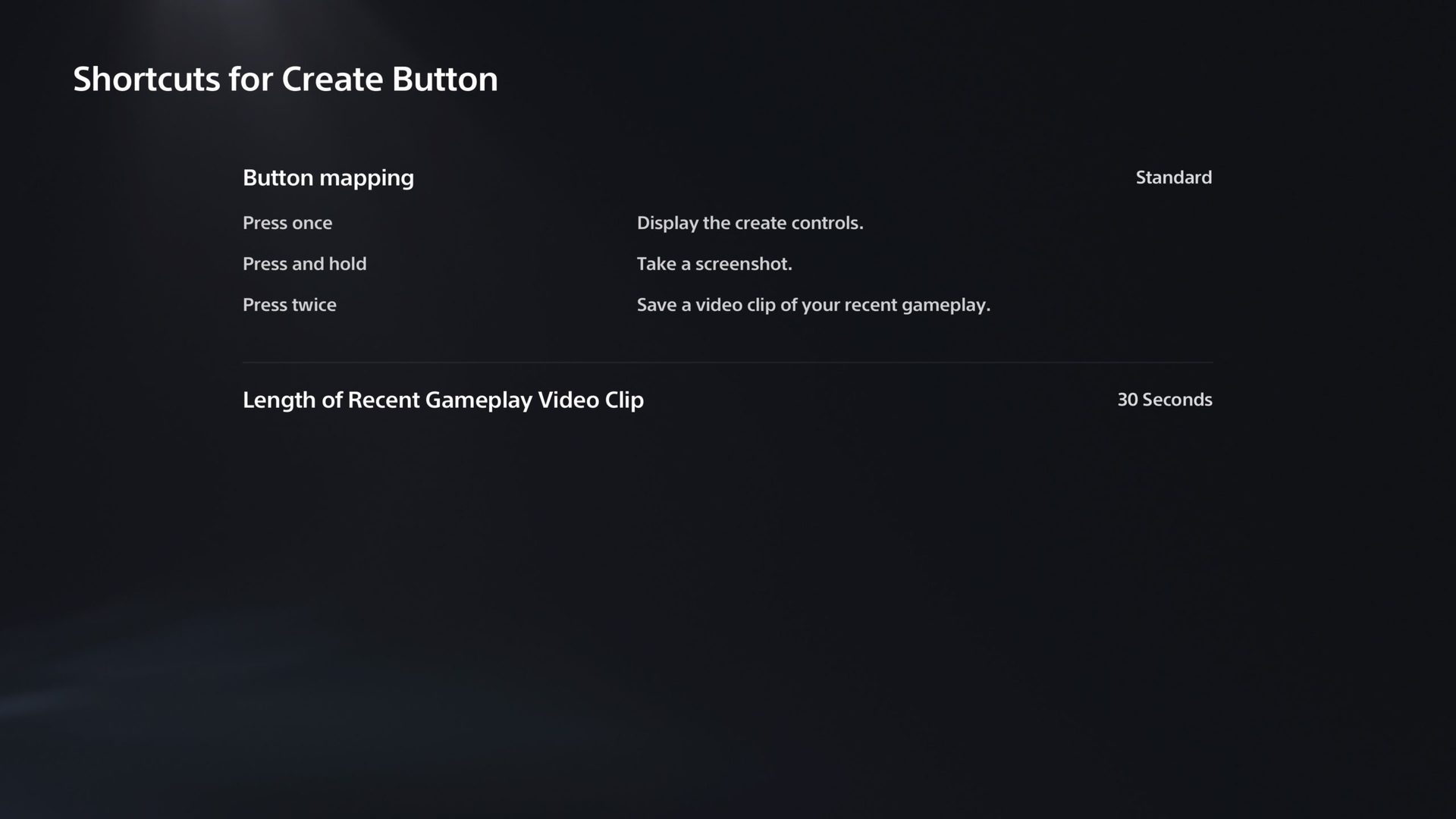 shortcuts for create button playstation 5