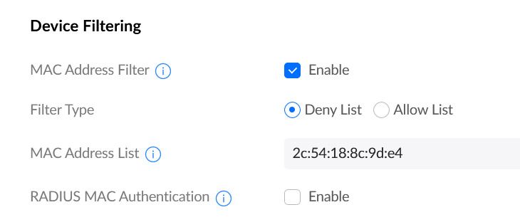 An example of a MAC address filtering menu.