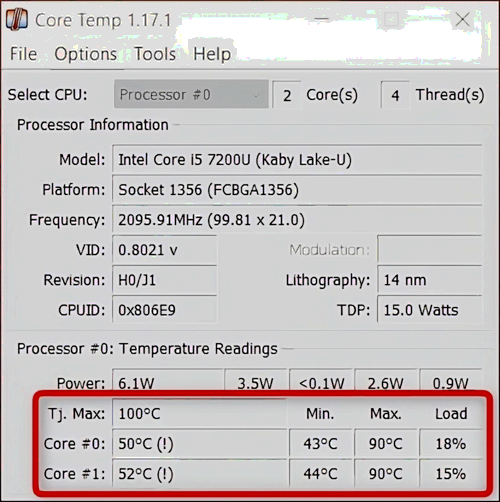 Core Temp opened on a laptop with the Intel Core i5 7200U processor.