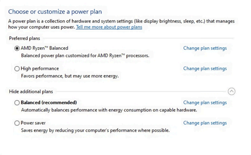 The Windows 10 power plan with the AMD Ryzen Balanced plan selected.