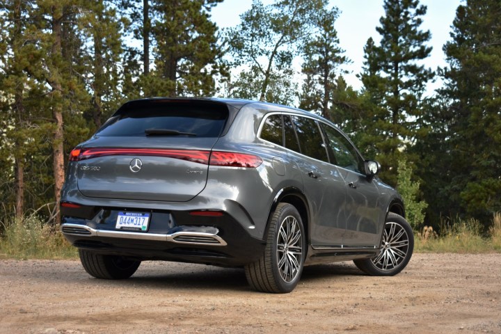 Rear three quarter view of the 2023 Mercedes-Benz EQS SUV.