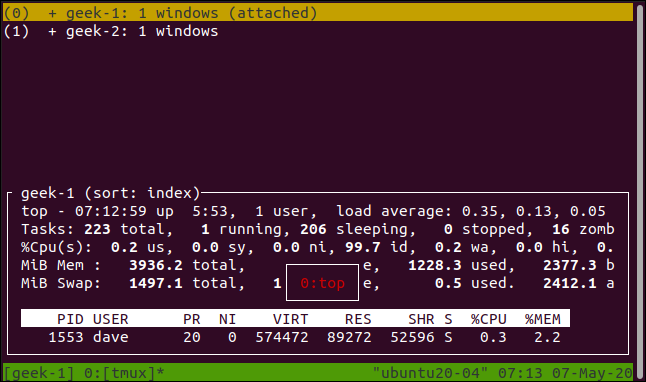 A list of tmux sessions. 