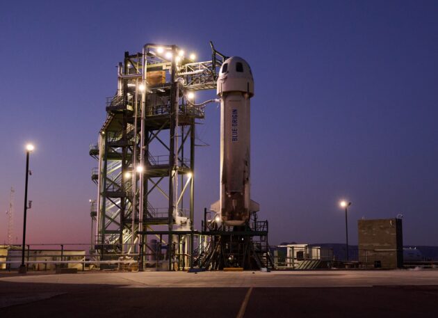 Blue Origin New Shepard suborbital rocket ship on Texas launch pad in 2022