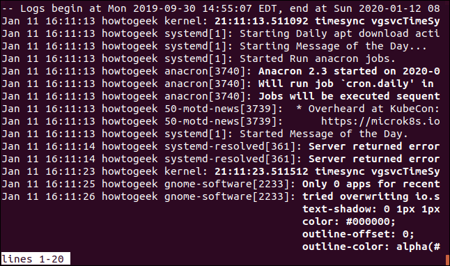 Output from sudo journalctl -S -1d in a terminal window