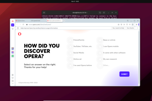 The Opera browser running on an Ubuntu desktop, launched from an Arch Linux Distrobox container