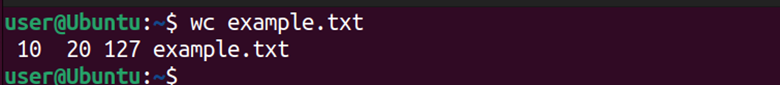Linux terminal displaying the output of wc command without any option followed by filename