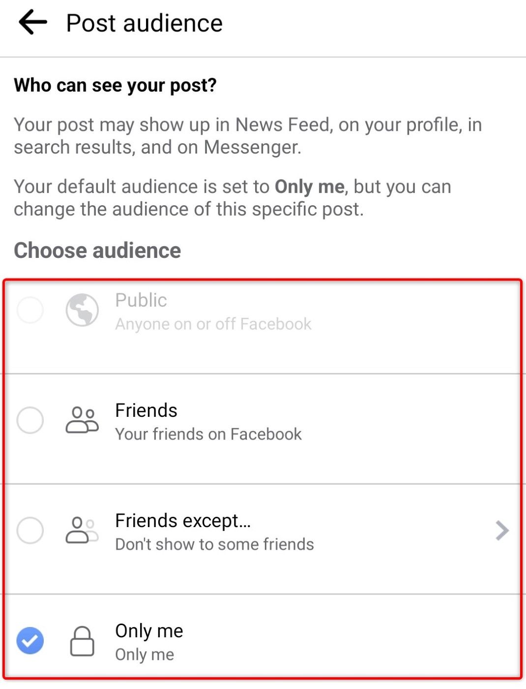 'Post Audience' page in Facebook's mobile app.