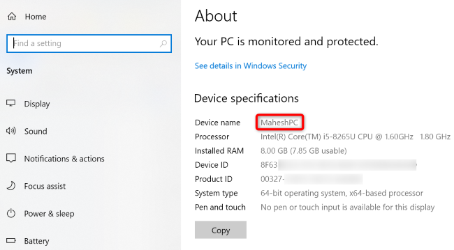 View the Windows 10 PC name.