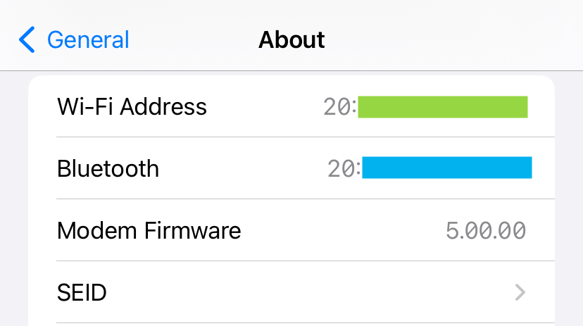 A censored Wi-Fi (MAC) address and Bluetooth address. 