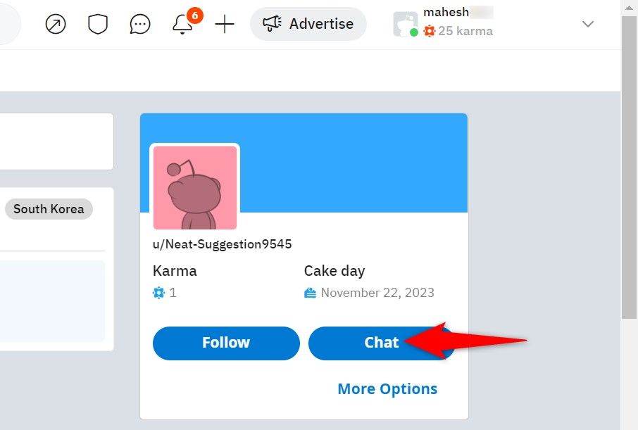 'Chat' highlighted on a user's profile page on Reddit for desktop.