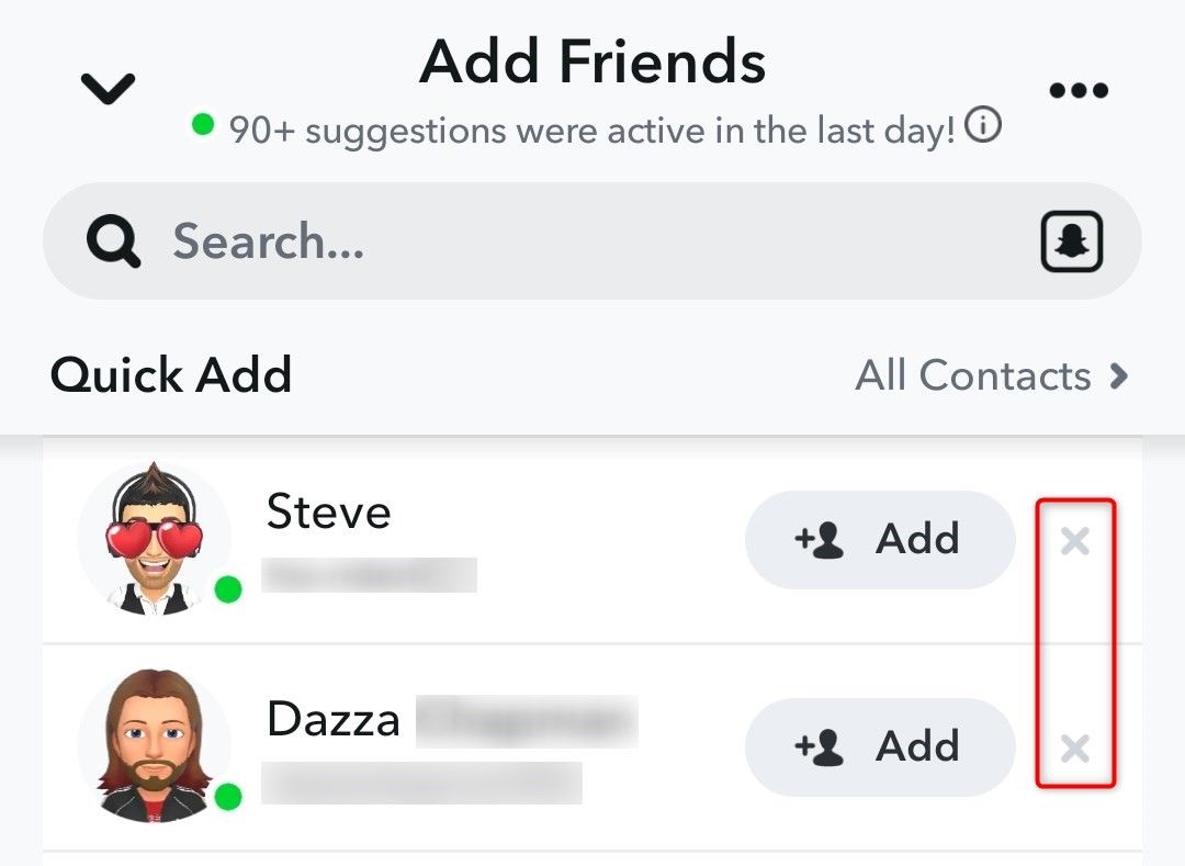 'X' highlighted on the Quick Add screen in Snapchat.