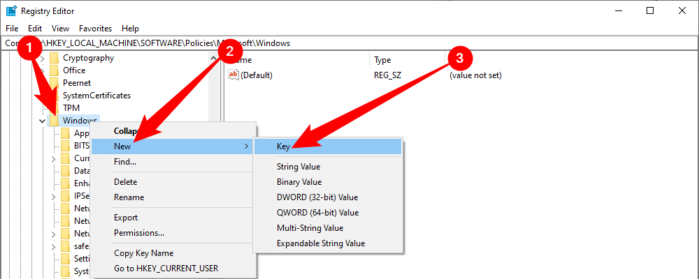 Create a new key in the Windows key. 