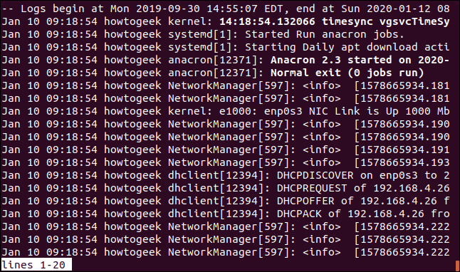 Output from sudo journalctl -S -2d -U today in a terminal window