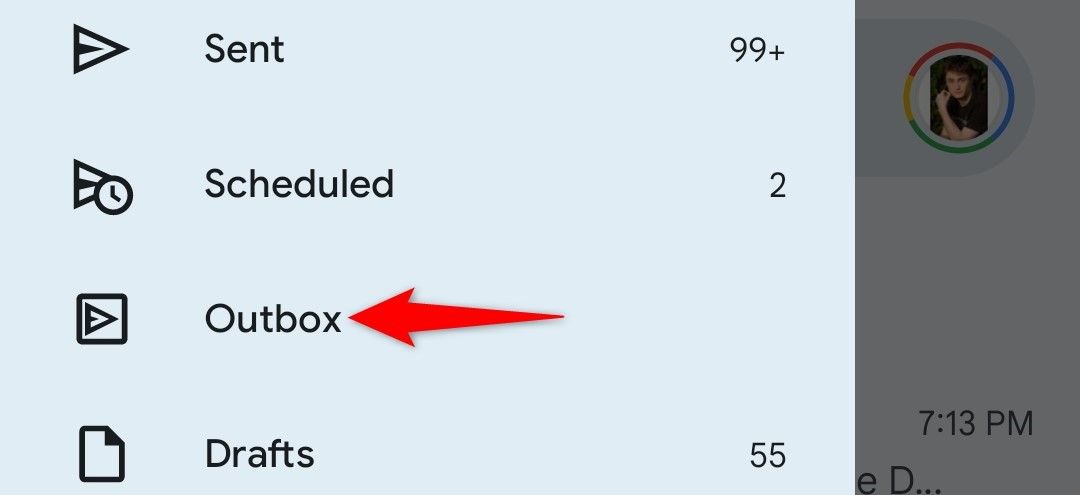 'Outbox' highlighted in Gmail's mobile app.
