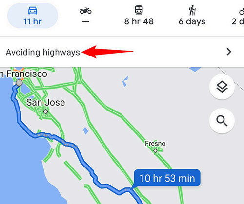 Highway-less directions in Google Maps.