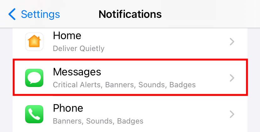 We selected the Messages app in the Notifications menu. 