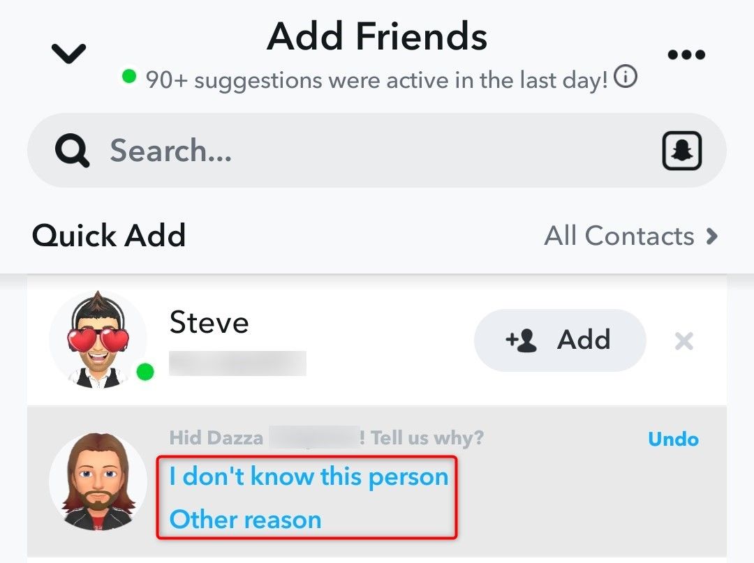 User removal reasons highlighted on the Quick Add screen in Snapchat.