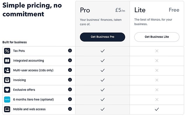 Monzo offers its business customers two payment plans, Pro and Lite