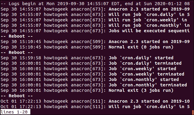 Output from sudo journalctl /usr/bin/anacron in a terminal window