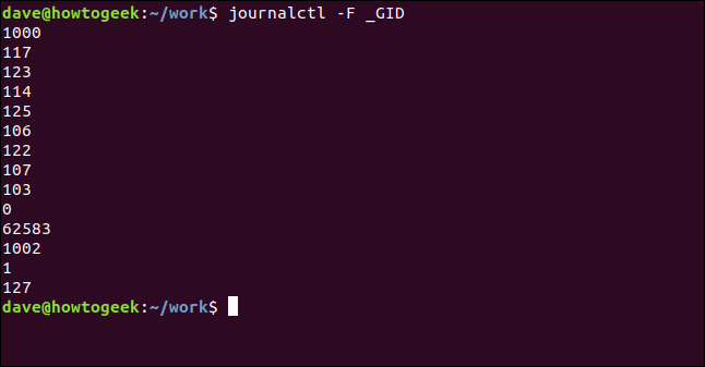 journalctl -F _GID in a terminal window