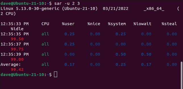 Showing three sets of CPU statistics