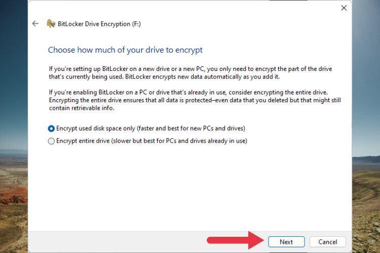 Bitlocker asking the user whether they want to encrypt the entire disk or only part of it