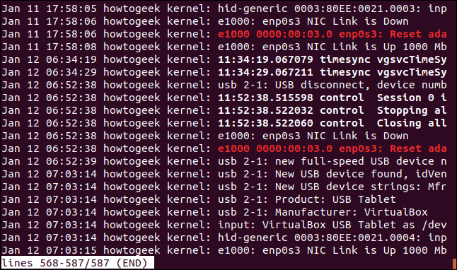 Output from sudo journalctl -k in a terminal window