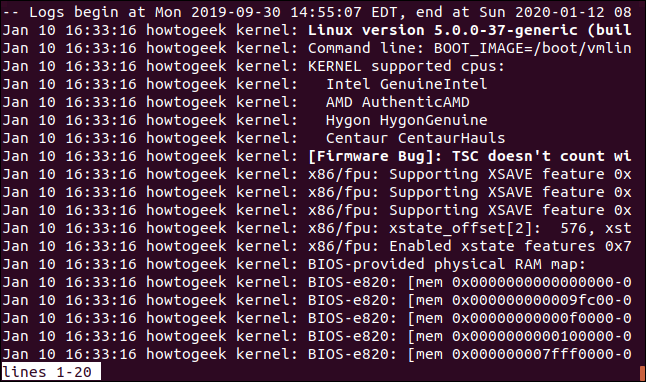 Output from journalctl -b in a terminal window