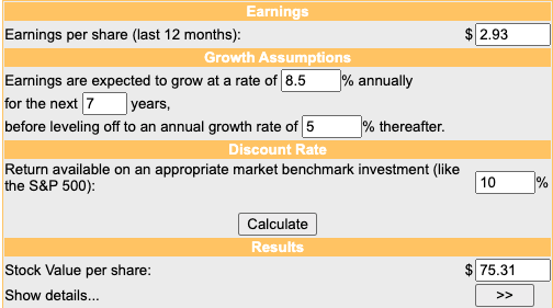 DCF calculation using the mentioned assumptions