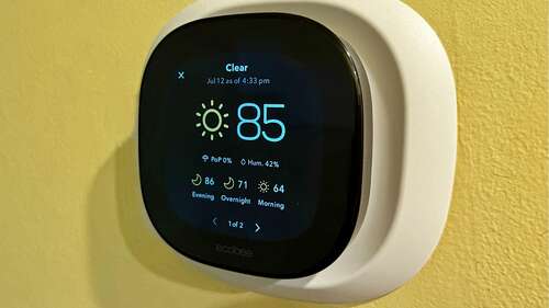 An ecobee smart thermostat displaying weather