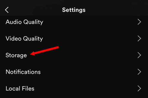 Entering the Storage settings in the Spotify mobile app.