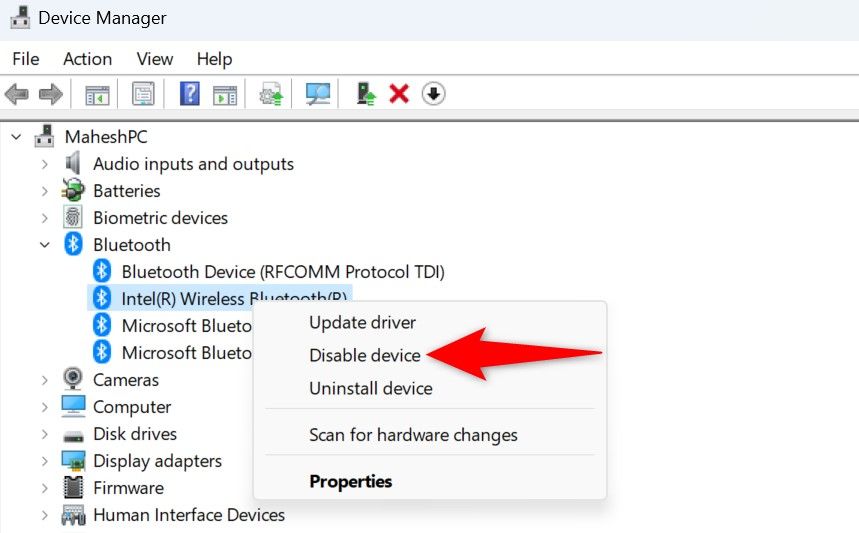 'Disable Device' highlighted for the built-in Bluetooth adapter in Device Manager.