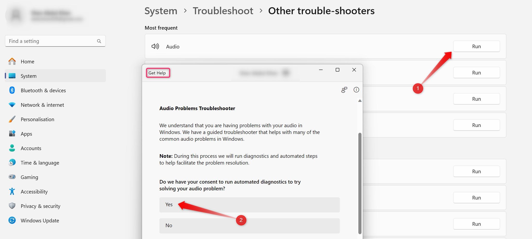 Running the audio diagnostic from the get help app on windows