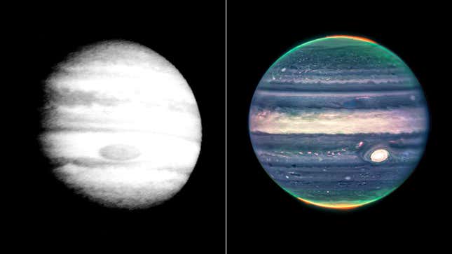 Left: Pioneer 10&#39;s view of Jupiter in March 1973. Right: Webb Telescope’s view of Jupiter in July 2022. 