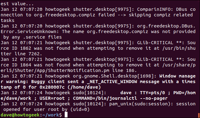 output from sudo journalctl --no-pager in a terminal window