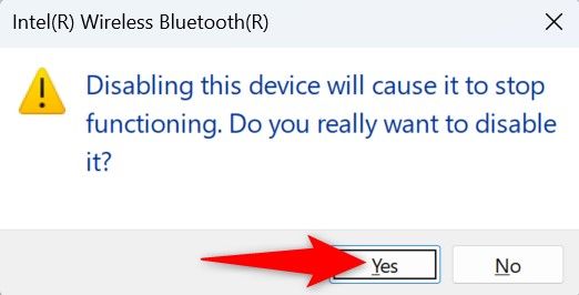 'Yes' highlighted in Device Manager's device disable prompt.