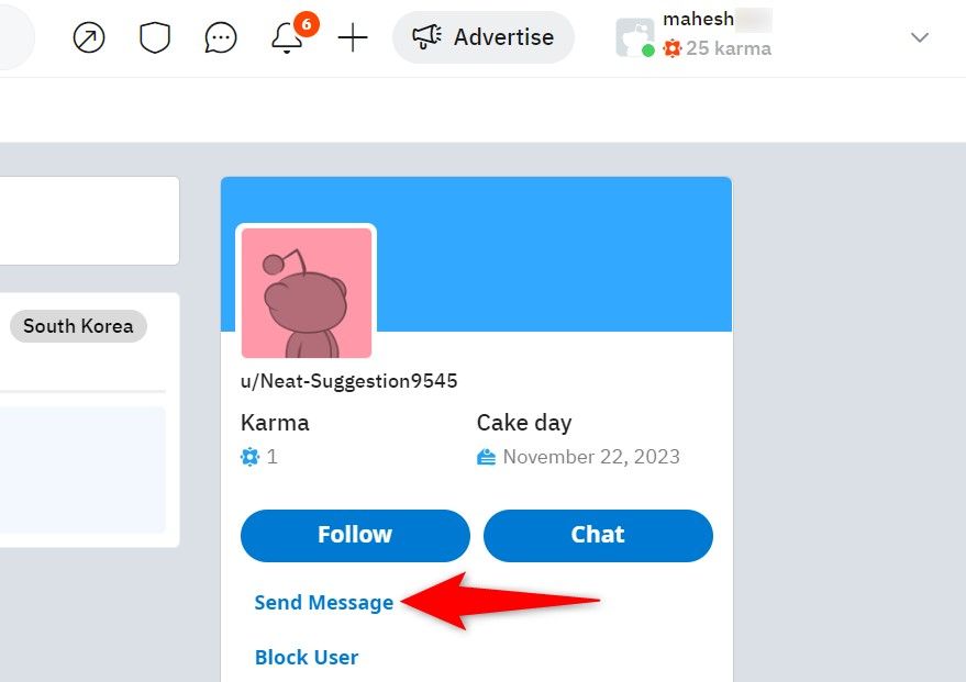 'Send Message' highlighted on a user's profile page on Reddit for desktop.