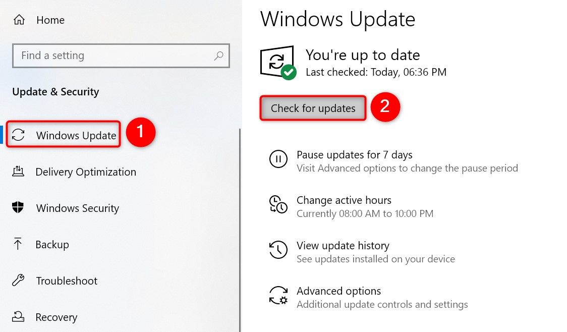 The 'Windows Update' screen in Settings on Windows 10.