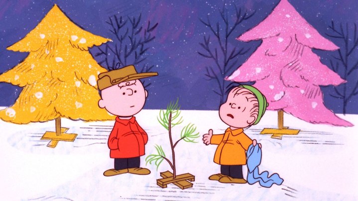 Two boys play in the snow in A Charlie Brown Christmas.