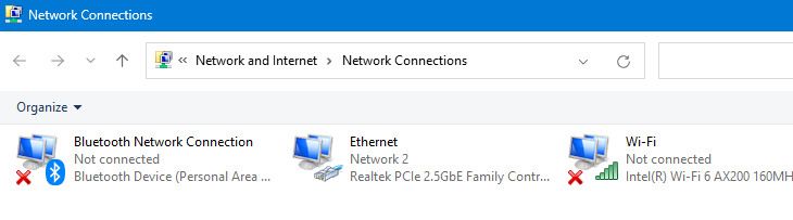 The Network Connections window in the Control Panel